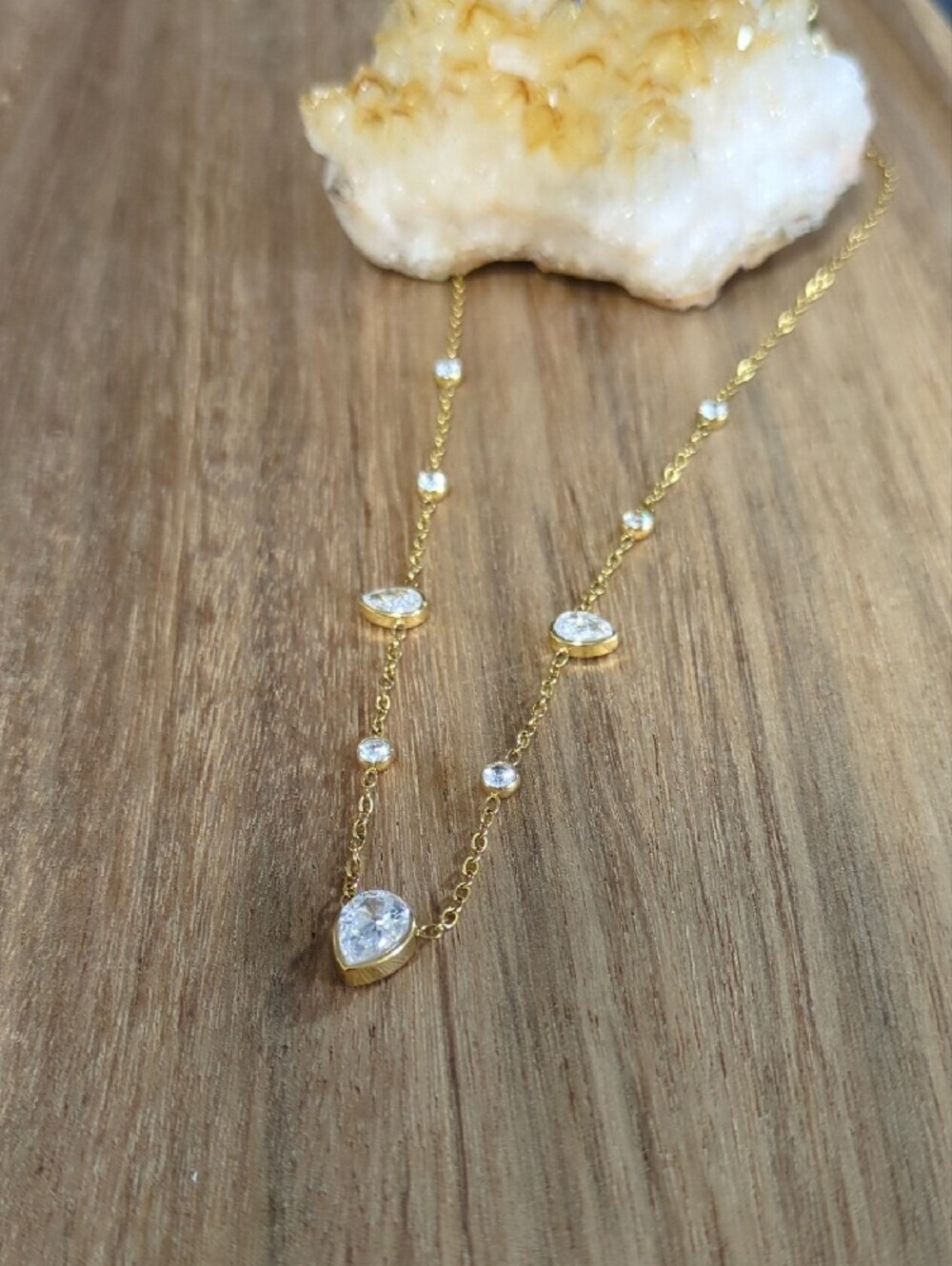 Gold Teardrop CZ Station Necklace - Unbranded